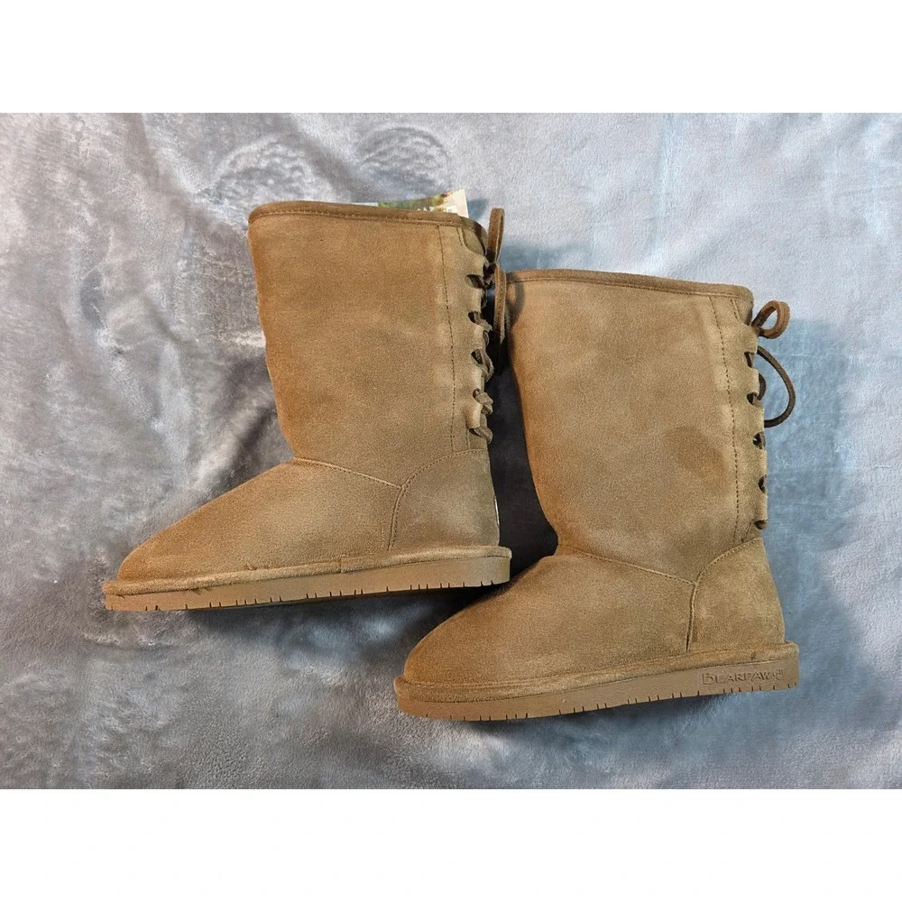 Bearpaw Phylly Youth Boots Size 3 Hickory Brown Suede Lace Back NWOB